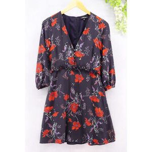 Madewell Women's Silk Ruffle Waist in Windblown Poppies Dress Floral Navy Sz 4